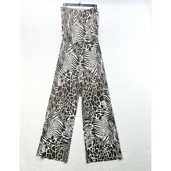 Bisou Bisou Jumpsuit 14 Wide Leg Brown Animal Print Stretchy Strapless Tube Top - Picture 6 of 8